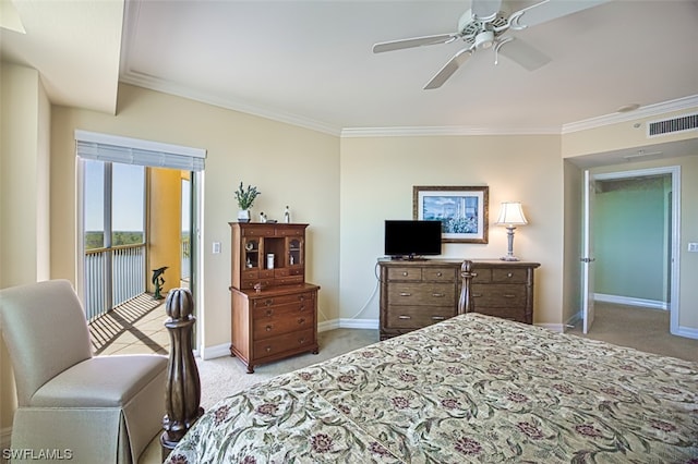 bedroom featuring crown molding, light colored carpet, and ceiling fan