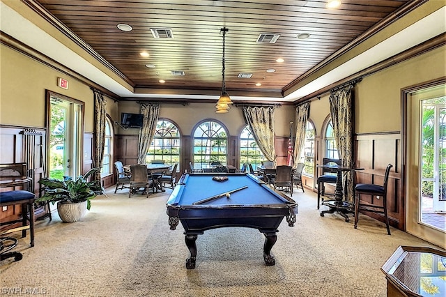 recreation room featuring light colored carpet, pool table, wooden ceiling, and ornamental molding