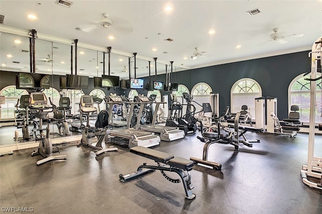 gym with ceiling fan