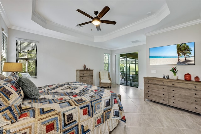 bedroom featuring access to exterior, a raised ceiling, ceiling fan, and crown molding