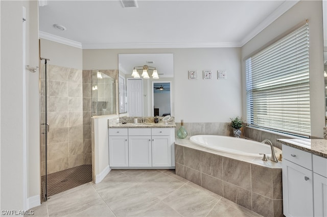 bathroom featuring ceiling fan, crown molding, vanity, and shower with separate bathtub