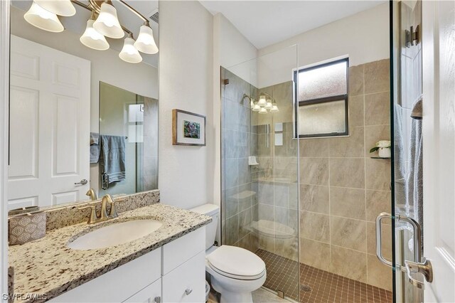 bathroom with vanity, toilet, an enclosed shower, and a notable chandelier