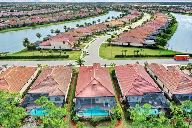 aerial view featuring a water view