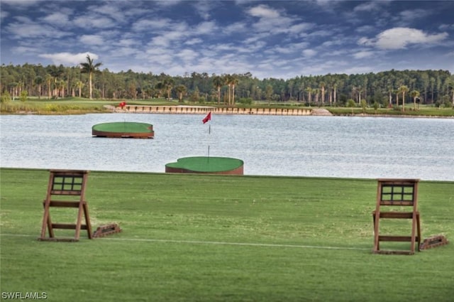 view of property's community featuring a lawn and a water view