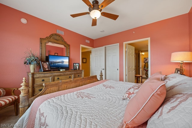 bedroom featuring ceiling fan and carpet floors