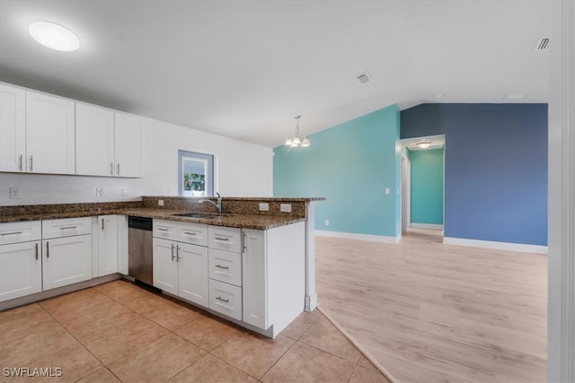 kitchen with kitchen peninsula, sink, white cabinets, and stainless steel dishwasher