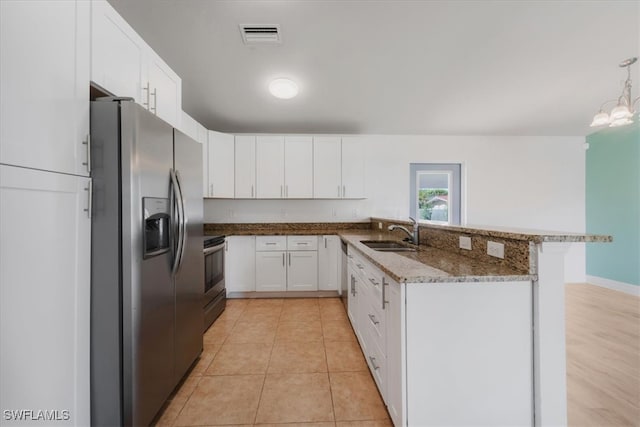 kitchen featuring sink, hanging light fixtures, white cabinetry, kitchen peninsula, and stainless steel appliances