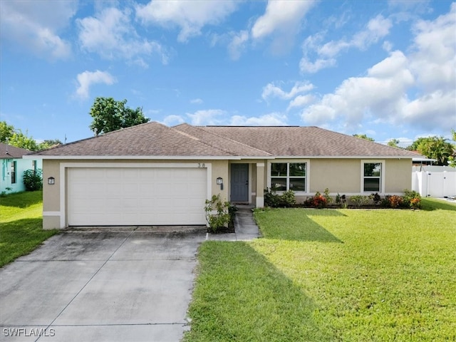 ranch-style house featuring a front yard and a garage