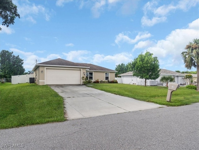 ranch-style home featuring central air condition unit, a front lawn, and a garage