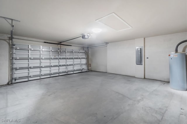 garage with electric panel, gas water heater, and a garage door opener