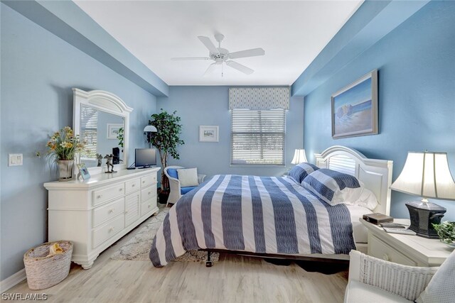 bedroom featuring ceiling fan and light hardwood / wood-style flooring