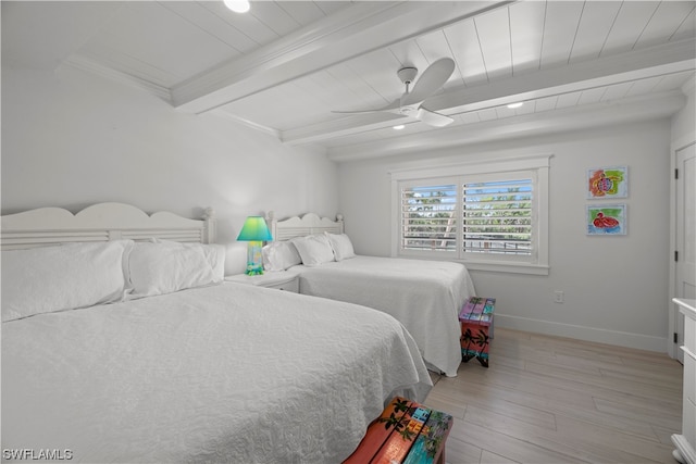 bedroom featuring light hardwood / wood-style floors, ceiling fan, and beam ceiling