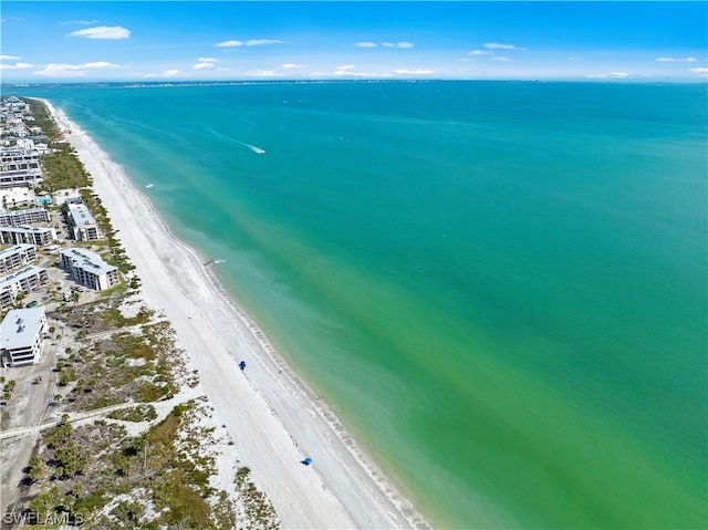 drone / aerial view with a beach view and a water view