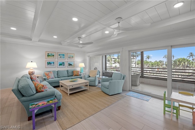 living room featuring crown molding, beam ceiling, ceiling fan, and light wood-type flooring