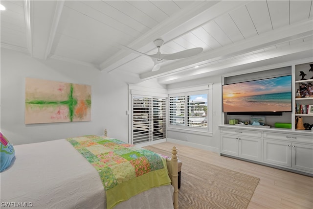 bedroom featuring light wood-type flooring, ceiling fan, and beamed ceiling