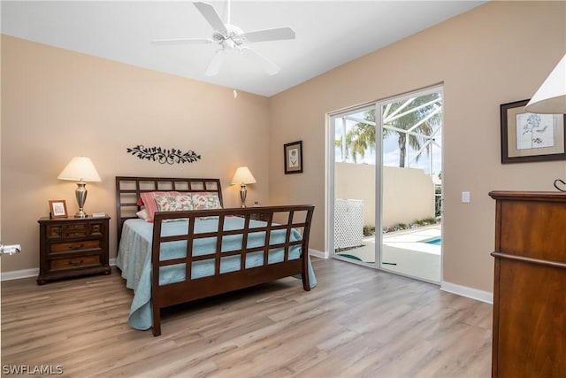 bedroom with access to outside, ceiling fan, and light hardwood / wood-style floors