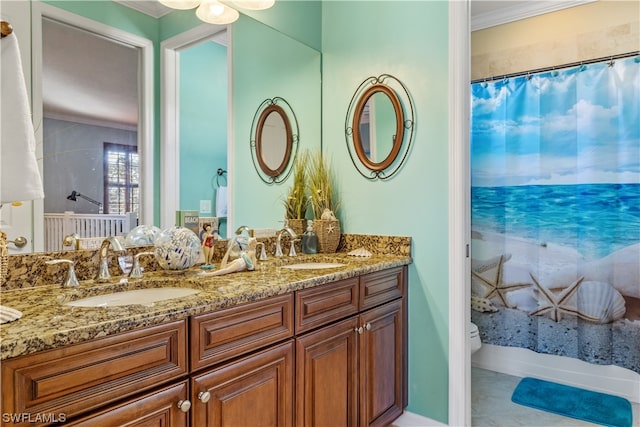 full bathroom featuring tile patterned flooring, crown molding, toilet, shower / bath combo with shower curtain, and vanity