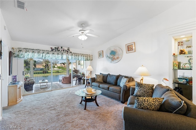 living room featuring light colored carpet and ceiling fan