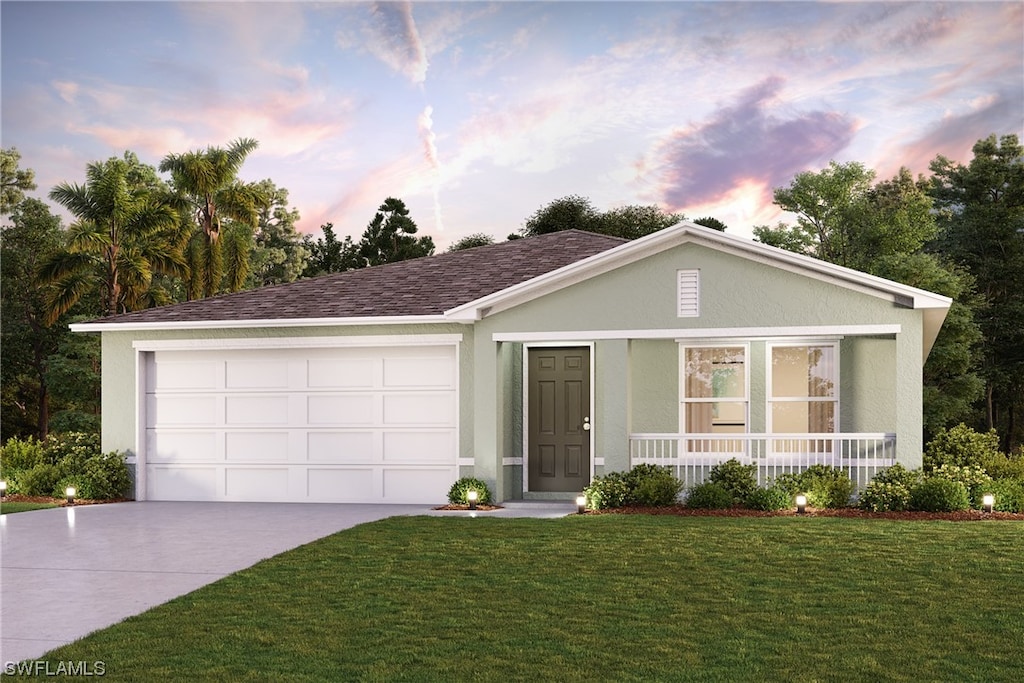 ranch-style house with a lawn, covered porch, and a garage