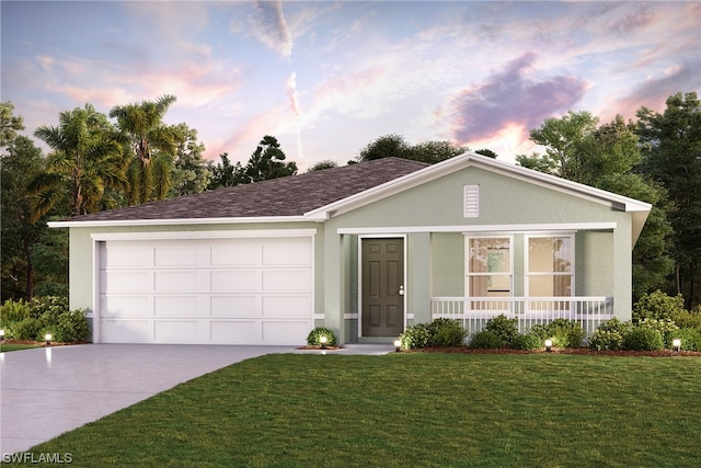 ranch-style house with a lawn, covered porch, and a garage