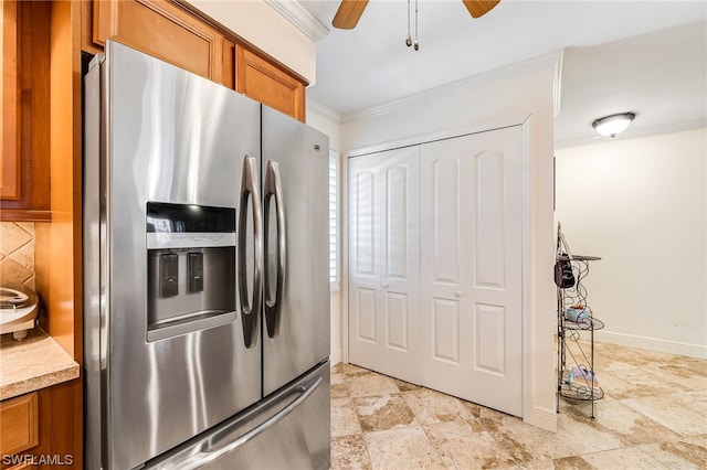 kitchen with light tile flooring, ceiling fan, ornamental molding, backsplash, and stainless steel refrigerator with ice dispenser