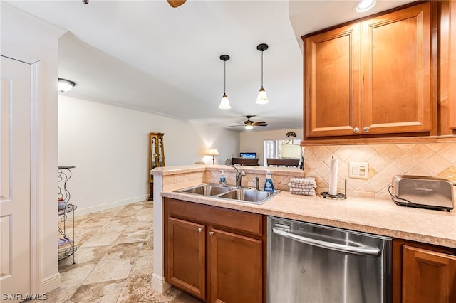 kitchen with hanging light fixtures, ceiling fan, light tile flooring, sink, and dishwasher