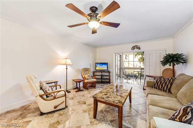 tiled living room featuring ceiling fan and ornamental molding