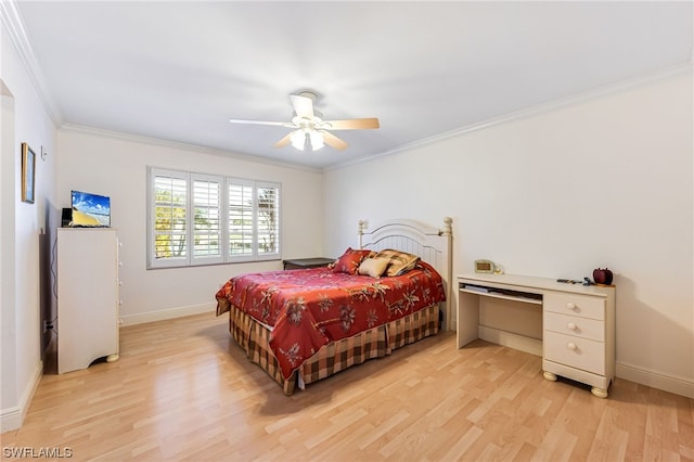 bedroom with crown molding, ceiling fan, and light hardwood / wood-style flooring