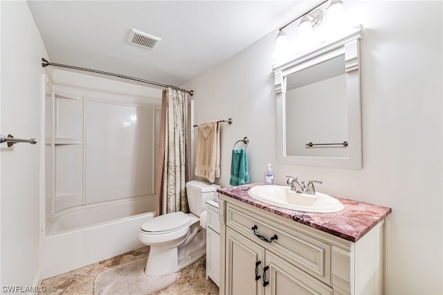 full bathroom featuring toilet, shower / tub combo with curtain, tile floors, and vanity