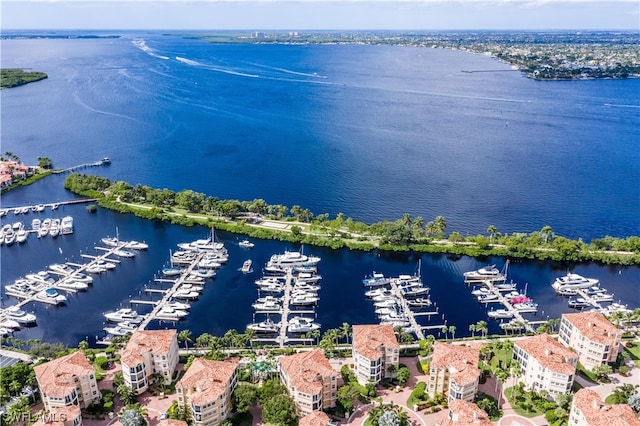 drone / aerial view with a water view