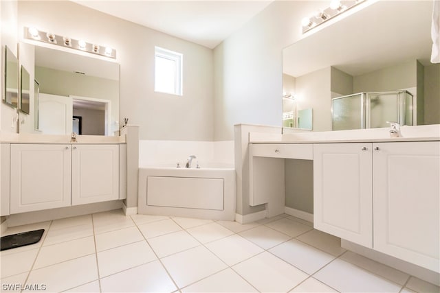 bathroom featuring vanity, tile flooring, and plus walk in shower