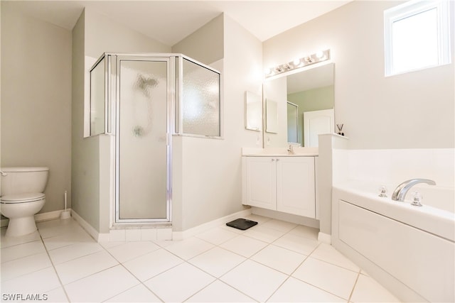 full bathroom featuring independent shower and bath, toilet, tile floors, and vanity