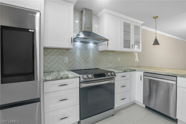 kitchen with light stone countertops, backsplash, stainless steel appliances, wall chimney exhaust hood, and pendant lighting