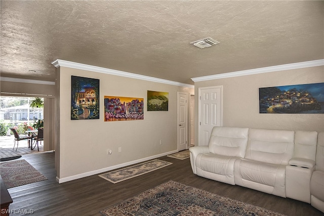 living room with a textured ceiling, dark hardwood / wood-style floors, and crown molding