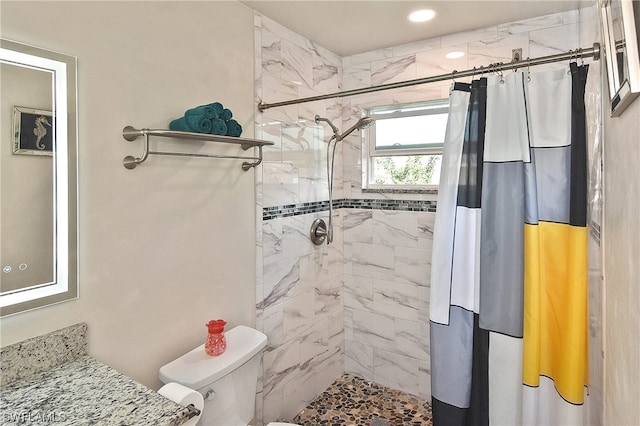 bathroom with vanity, toilet, and walk in shower