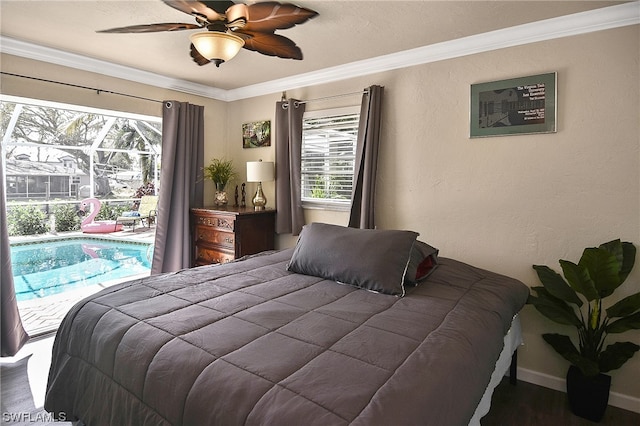 bedroom with dark hardwood / wood-style flooring, access to outside, ceiling fan, and crown molding