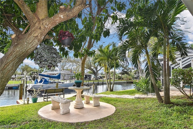 view of property's community with a yard and a water view