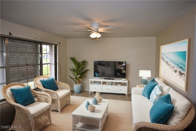 living room featuring ceiling fan