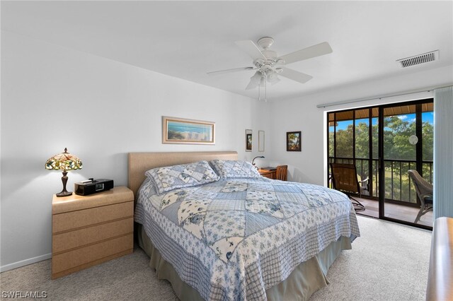 bedroom featuring ceiling fan, light colored carpet, and access to outside