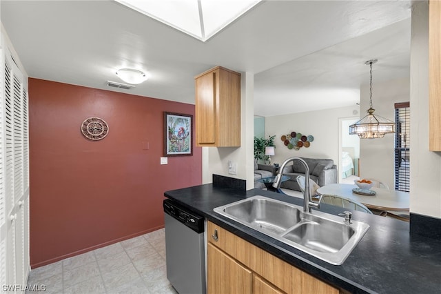 kitchen featuring stainless steel dishwasher, a chandelier, hanging light fixtures, and sink