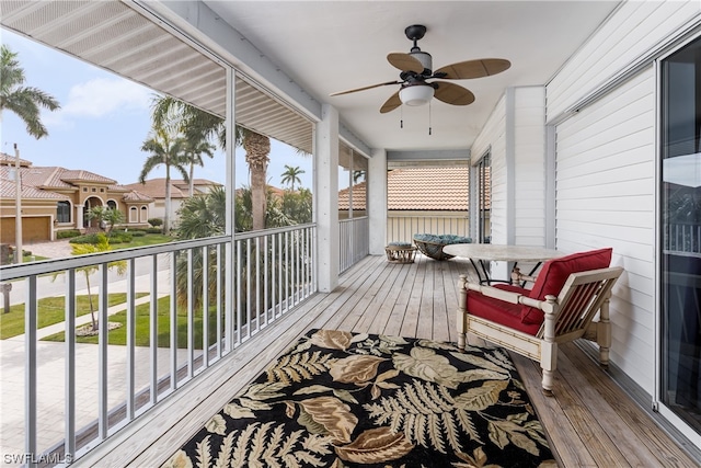 balcony featuring ceiling fan