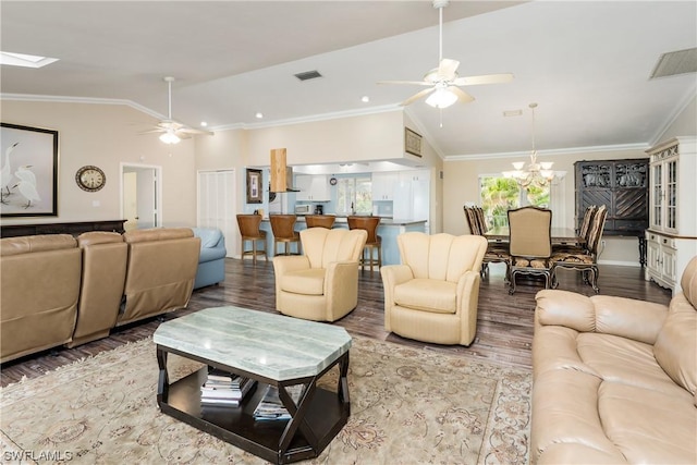 832 Swan Dr, Marco Island, FL 34145 - living area with visible vents, lofted ceiling, wood finished floors, and ceiling fan with notable chandelier