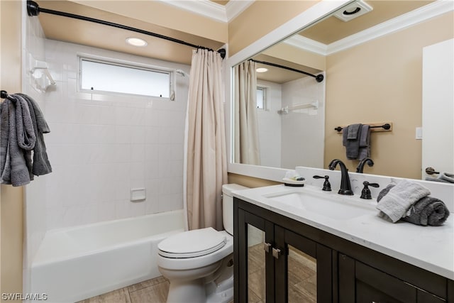 full bathroom featuring shower / bath combo, crown molding, toilet, and vanity