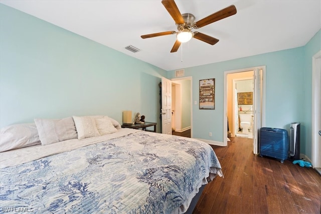 bedroom with connected bathroom, ceiling fan, and dark hardwood / wood-style flooring