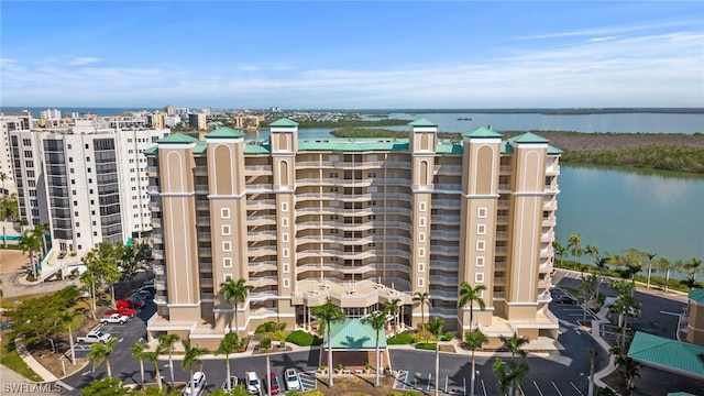 view of building exterior with a water view