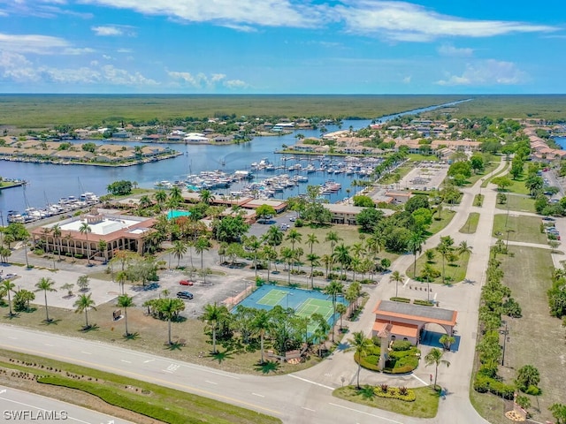 bird's eye view with a water view