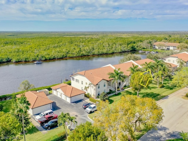 drone / aerial view featuring a water view