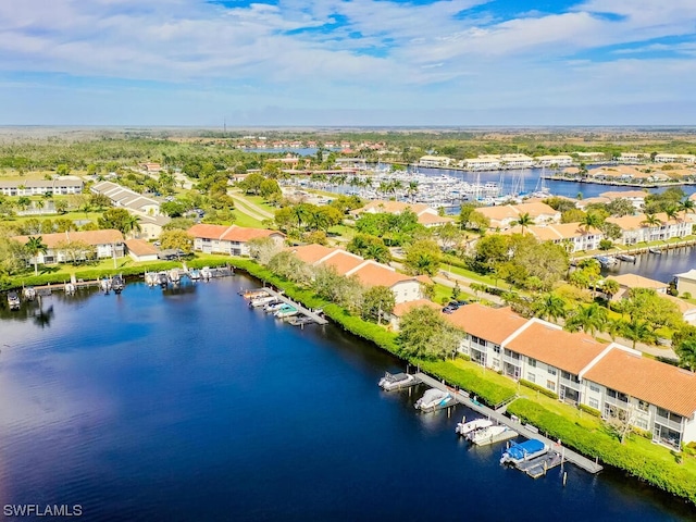 bird's eye view with a water view