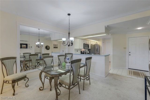 carpeted dining room featuring crown molding and an inviting chandelier