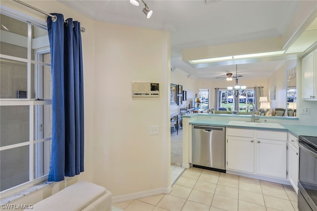 kitchen with white cabinets, ceiling fan, appliances with stainless steel finishes, and sink